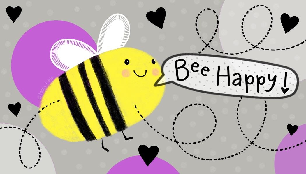 Cheerful bee with Bee Happy speech bubble