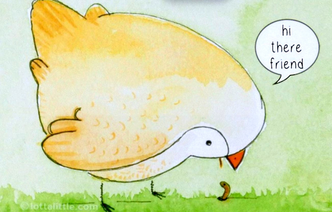Illustrated chicken with hi there friend speech bubble
