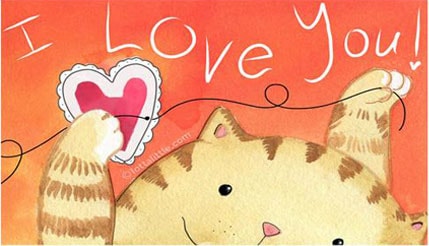 Illustrated cat holding a heart — I Love You card