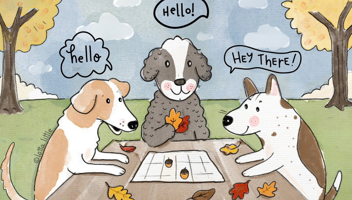 Three dogs playing board game outdoors — Hey! card